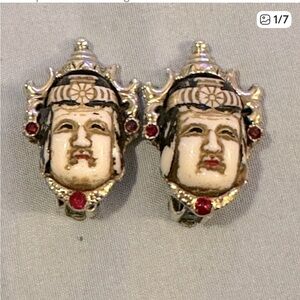 Vintage Japanese Toshikane Mask Porcelain Earrings Clip Backs